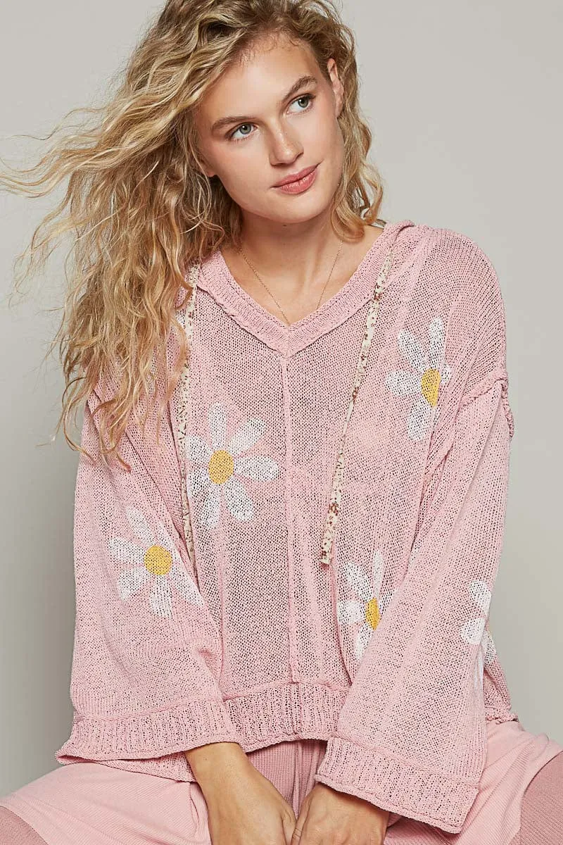 POL V-Neck Long Sleeve Regular Fit Flower Print Lightweight Hoodie