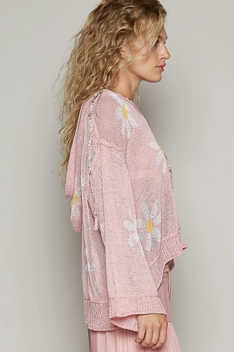 POL V-Neck Long Sleeve Regular Fit Flower Print Lightweight Hoodie