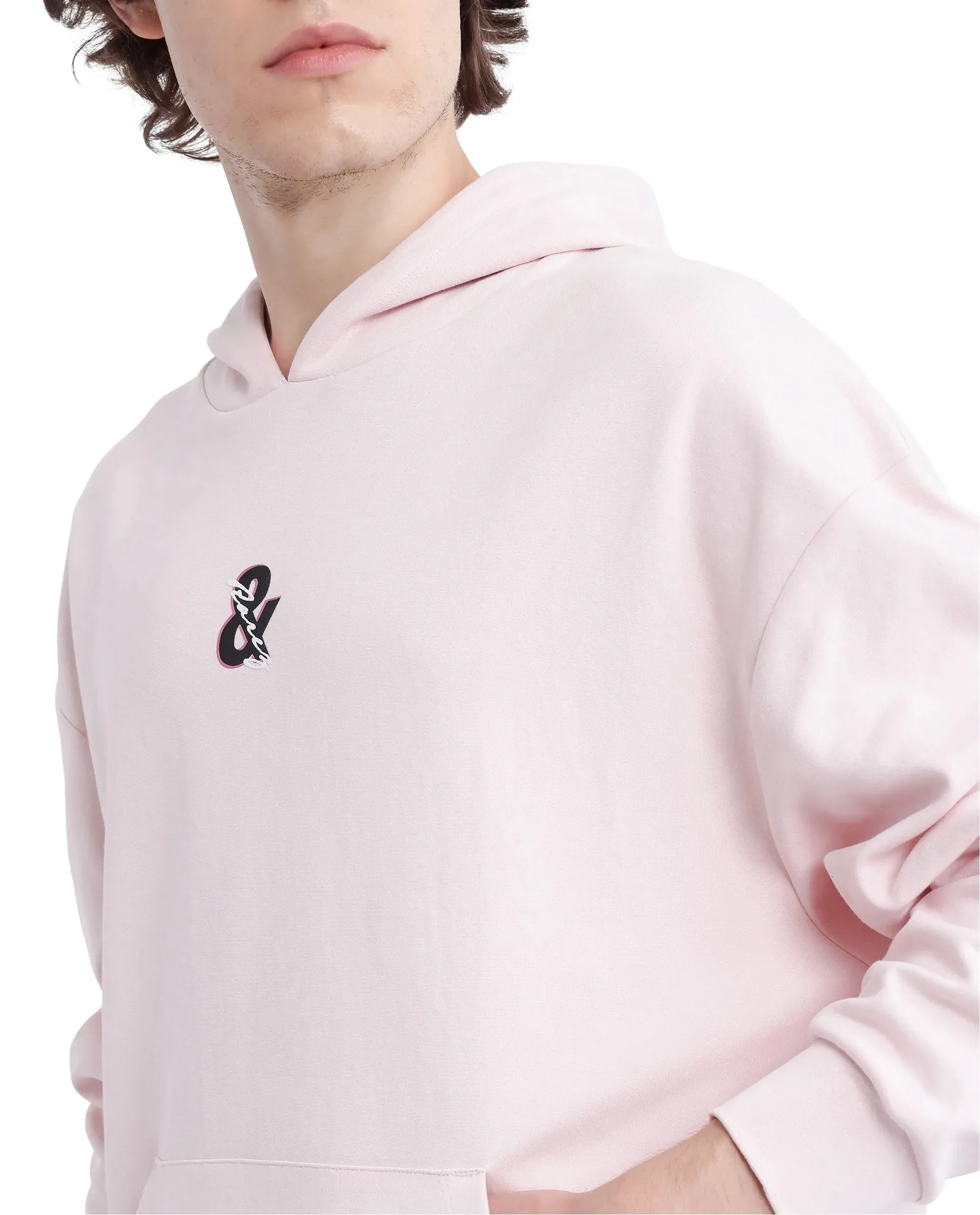 Rare Rabbit Men Junol Pastel Pink Cotton Blend Fabric Full Sleeve Boxy Fit Embroidered Hooded Sweatshirt