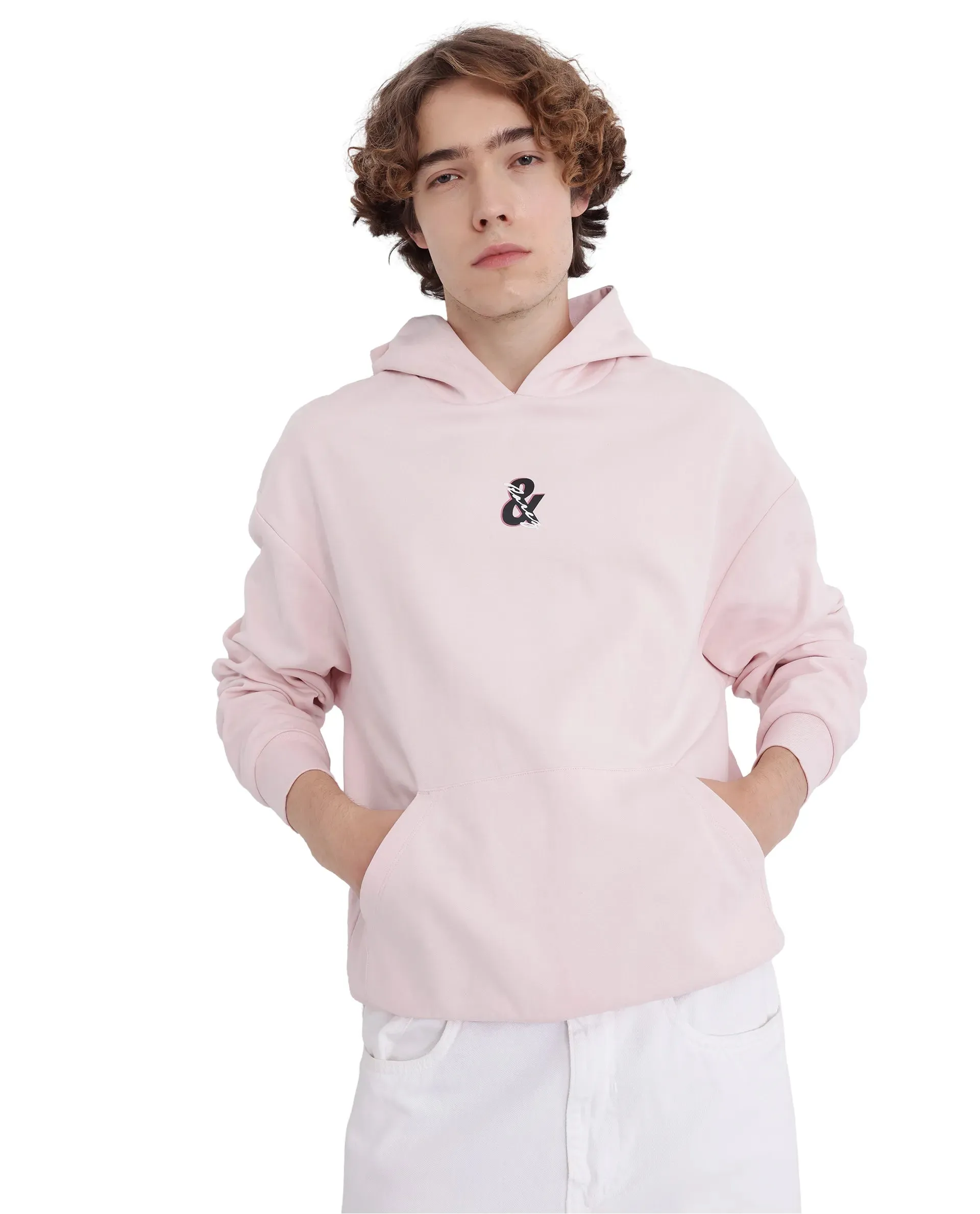 Rare Rabbit Men Junol Pastel Pink Cotton Blend Fabric Full Sleeve Boxy Fit Embroidered Hooded Sweatshirt