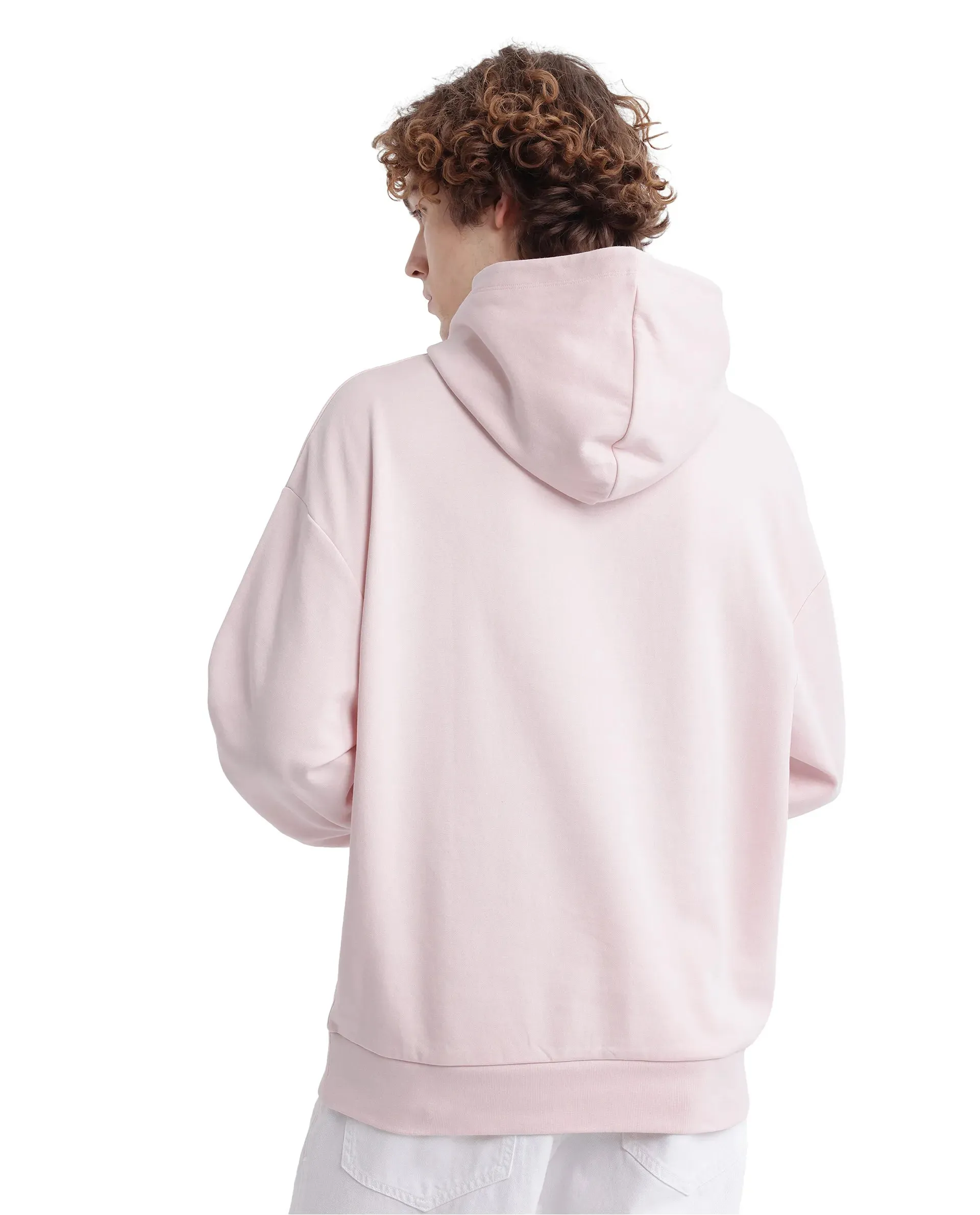 Rare Rabbit Men Junol Pastel Pink Cotton Blend Fabric Full Sleeve Boxy Fit Embroidered Hooded Sweatshirt