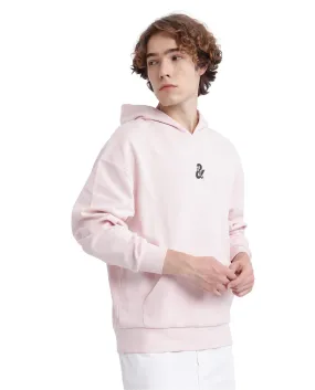 Rare Rabbit Men Junol Pastel Pink Cotton Blend Fabric Full Sleeve Boxy Fit Embroidered Hooded Sweatshirt