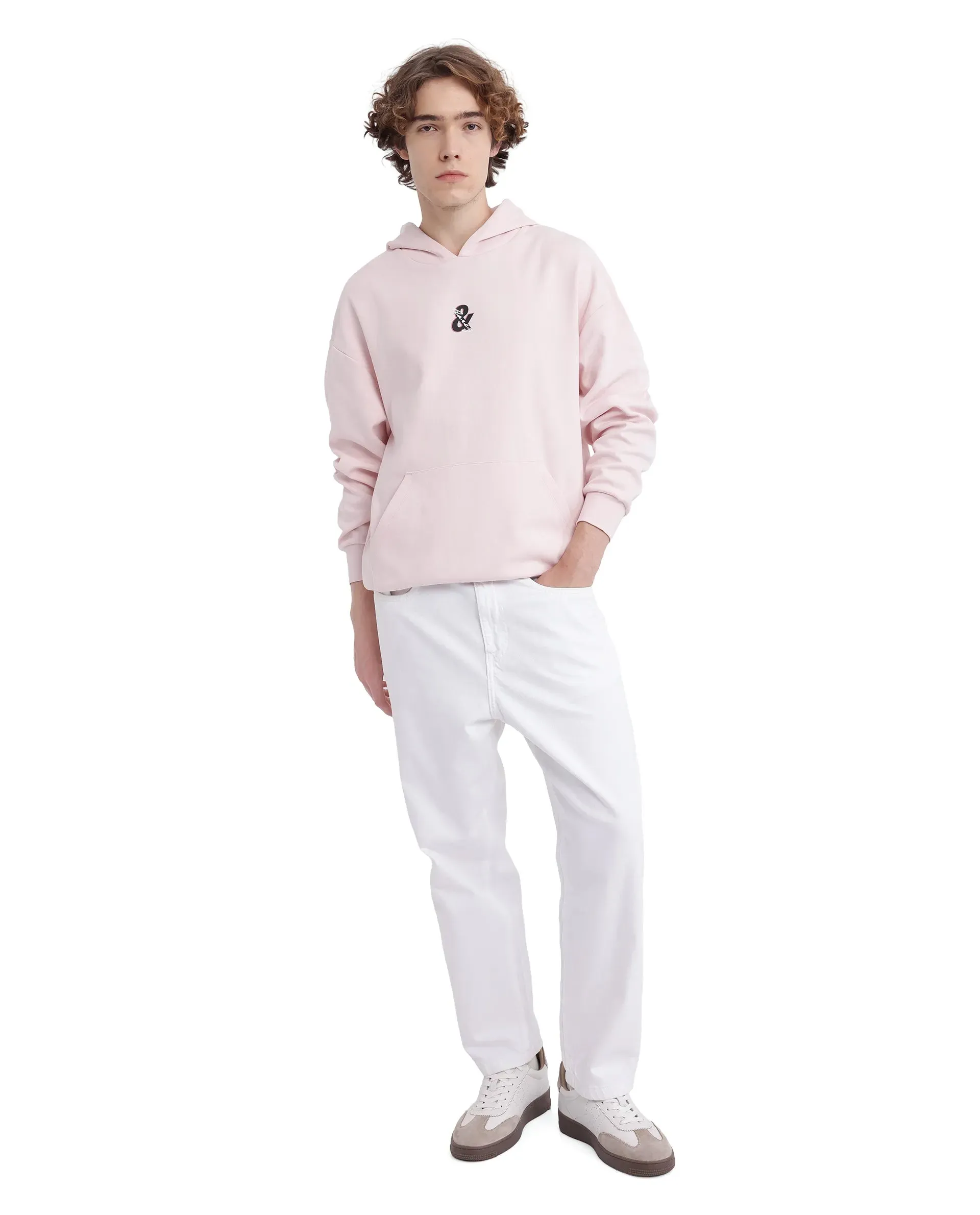Rare Rabbit Men Junol Pastel Pink Cotton Blend Fabric Full Sleeve Boxy Fit Embroidered Hooded Sweatshirt