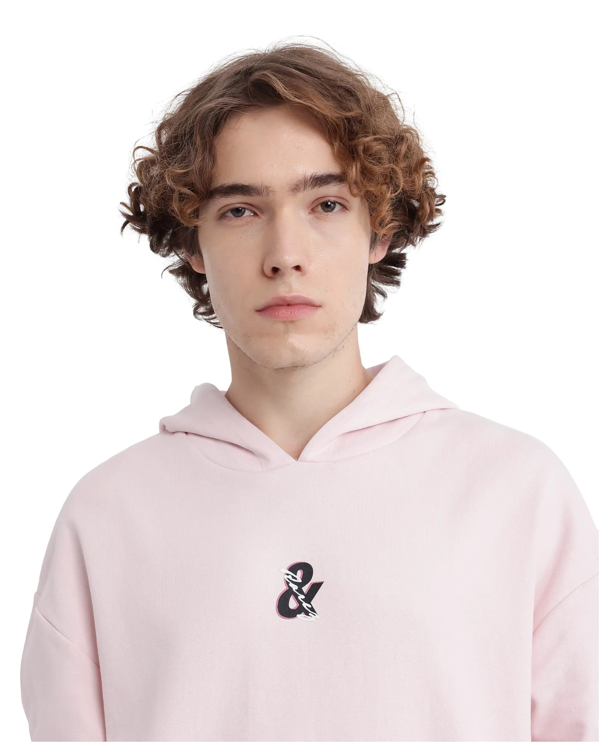 Rare Rabbit Men Junol Pastel Pink Cotton Blend Fabric Full Sleeve Boxy Fit Embroidered Hooded Sweatshirt