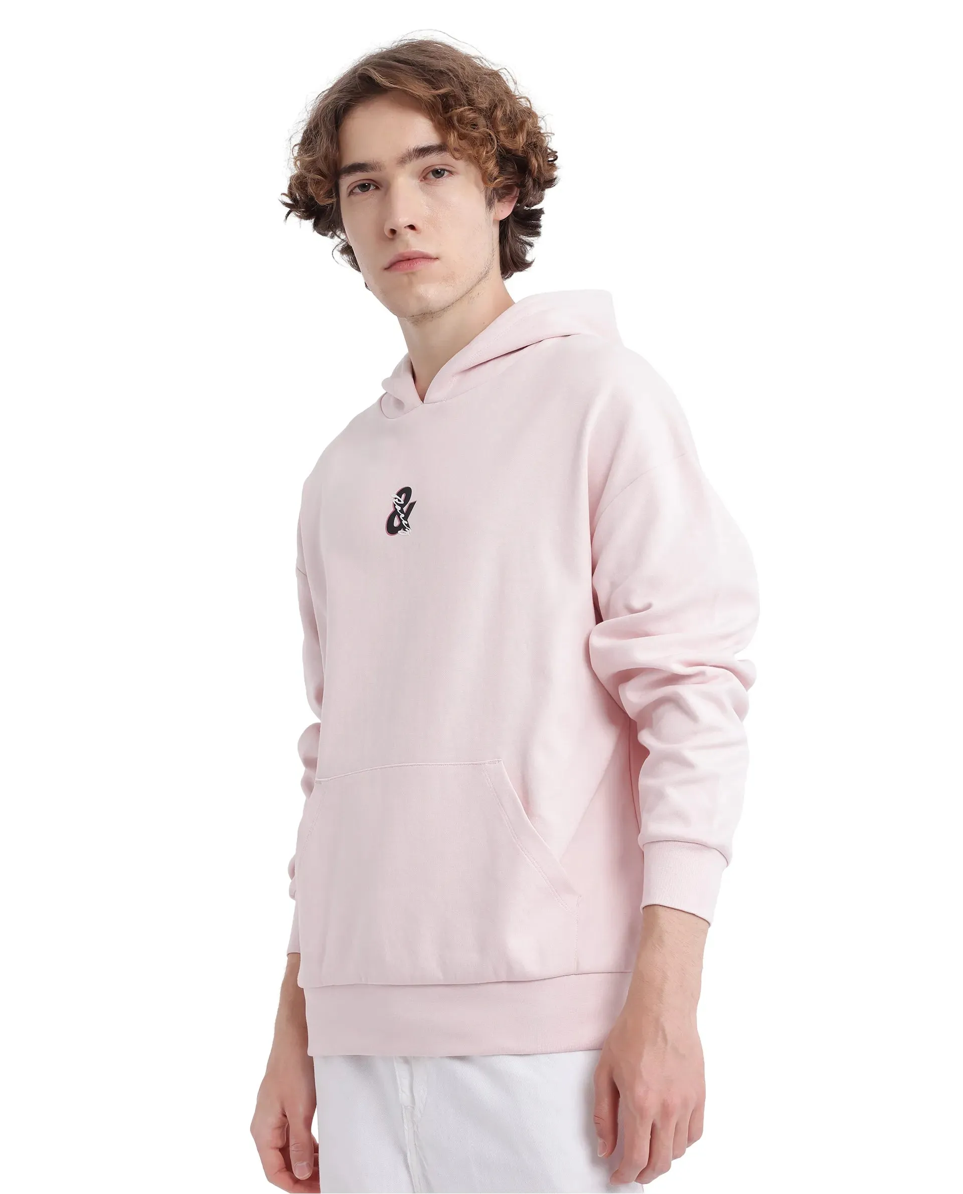 Rare Rabbit Men Junol Pastel Pink Cotton Blend Fabric Full Sleeve Boxy Fit Embroidered Hooded Sweatshirt