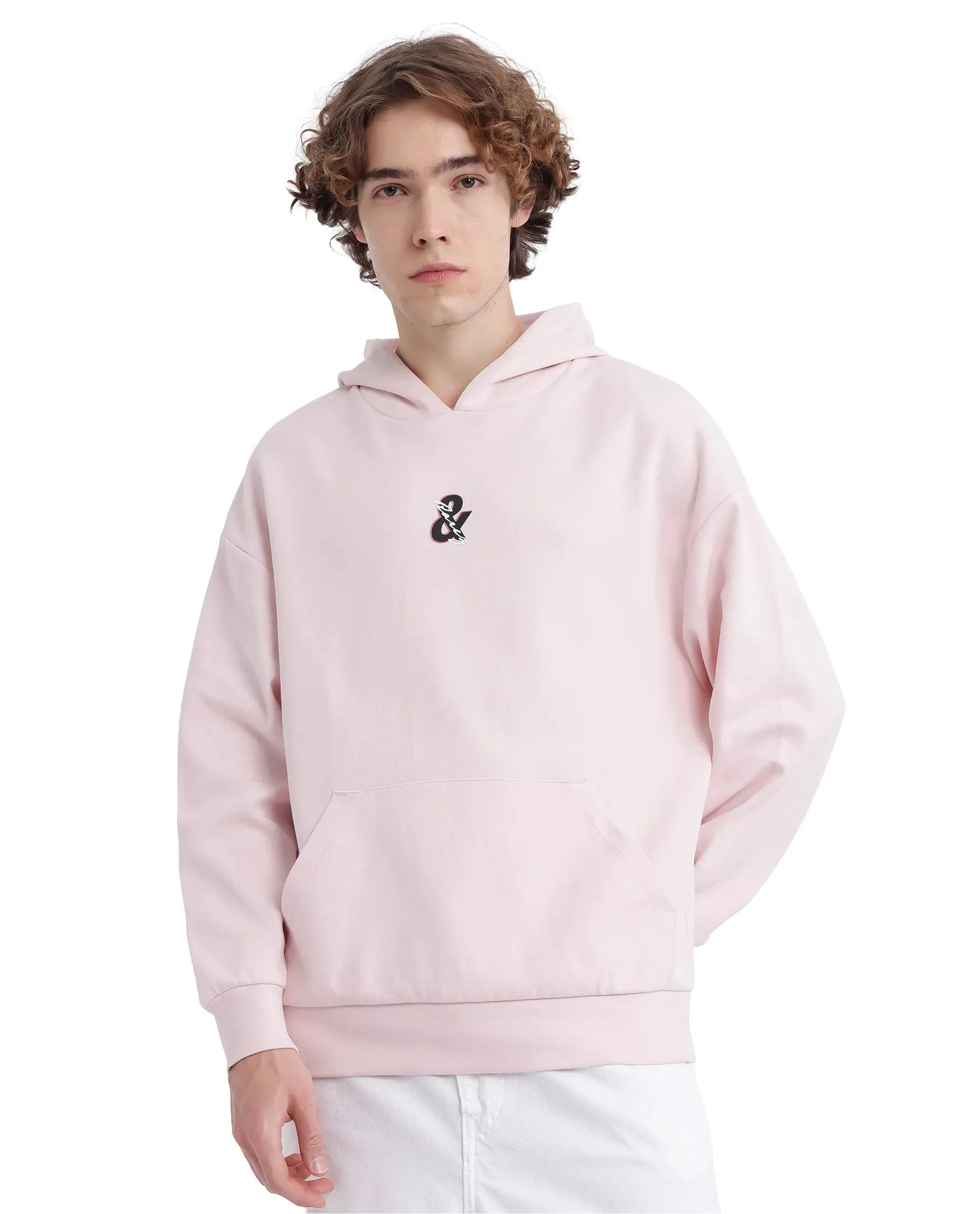 Rare Rabbit Men Junol Pastel Pink Cotton Blend Fabric Full Sleeve Boxy Fit Embroidered Hooded Sweatshirt