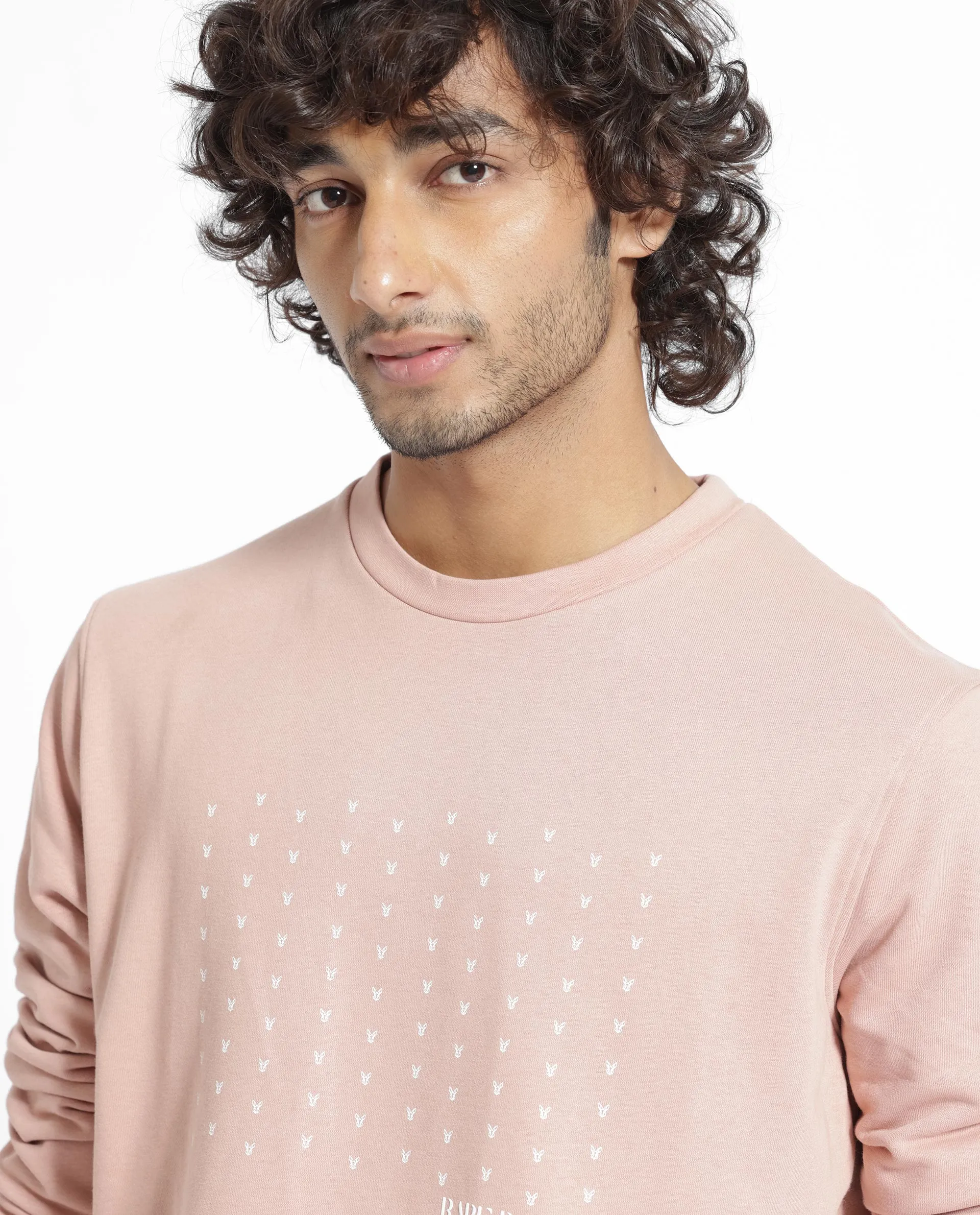 Rare Rabbit Men's Gale Beige Cotton Polyester Fabric Full Sleeves Logo Graphic Print Sweatshirt
