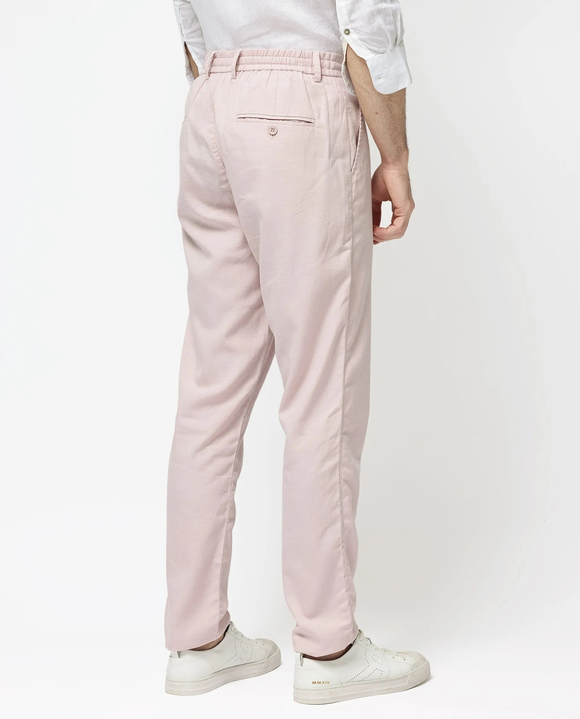 Rare Rabbit Mens Reric Pastel Pink Drawstring Closure Solid Linen Trouser