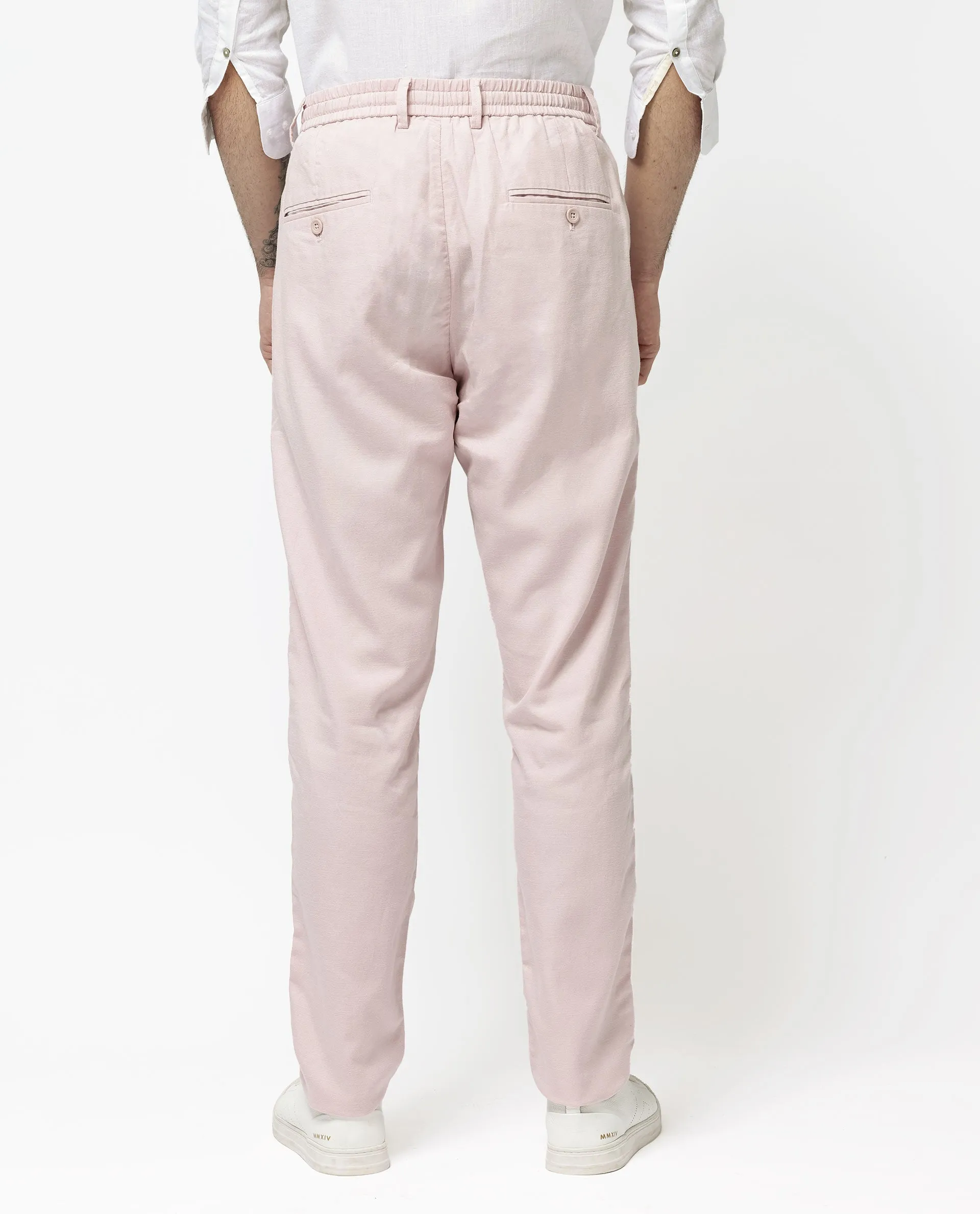 Rare Rabbit Mens Reric Pastel Pink Drawstring Closure Solid Linen Trouser