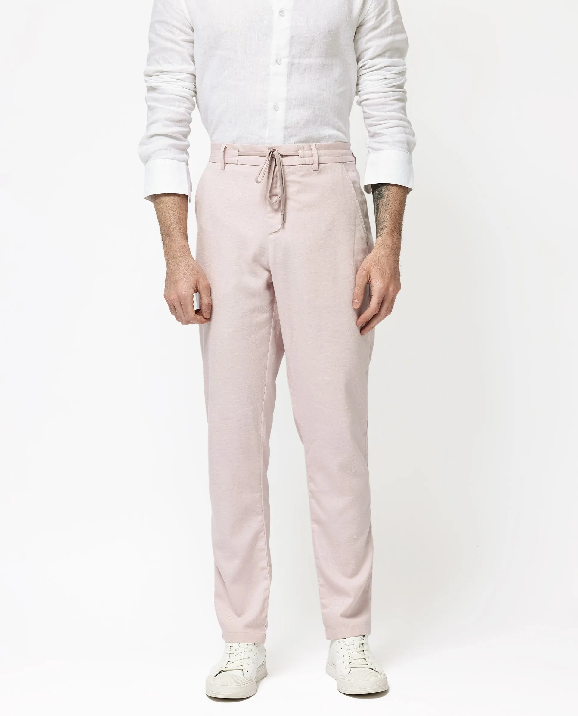 Rare Rabbit Mens Reric Pastel Pink Drawstring Closure Solid Linen Trouser