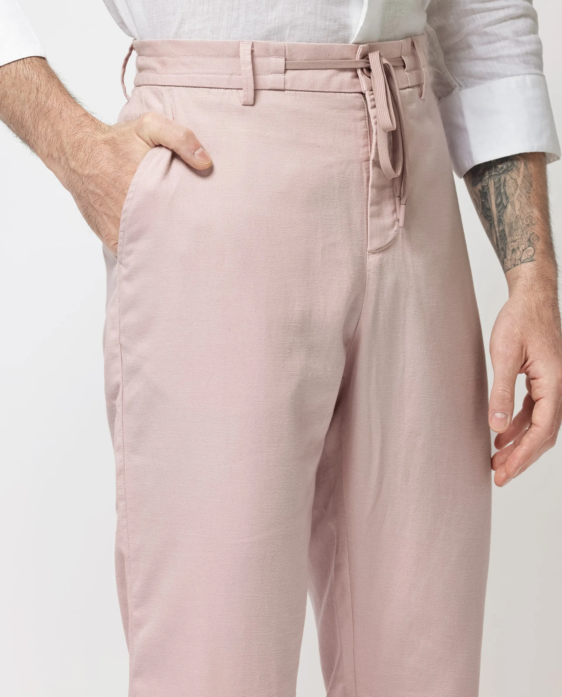 Rare Rabbit Mens Reric Pastel Pink Drawstring Closure Solid Linen Trouser