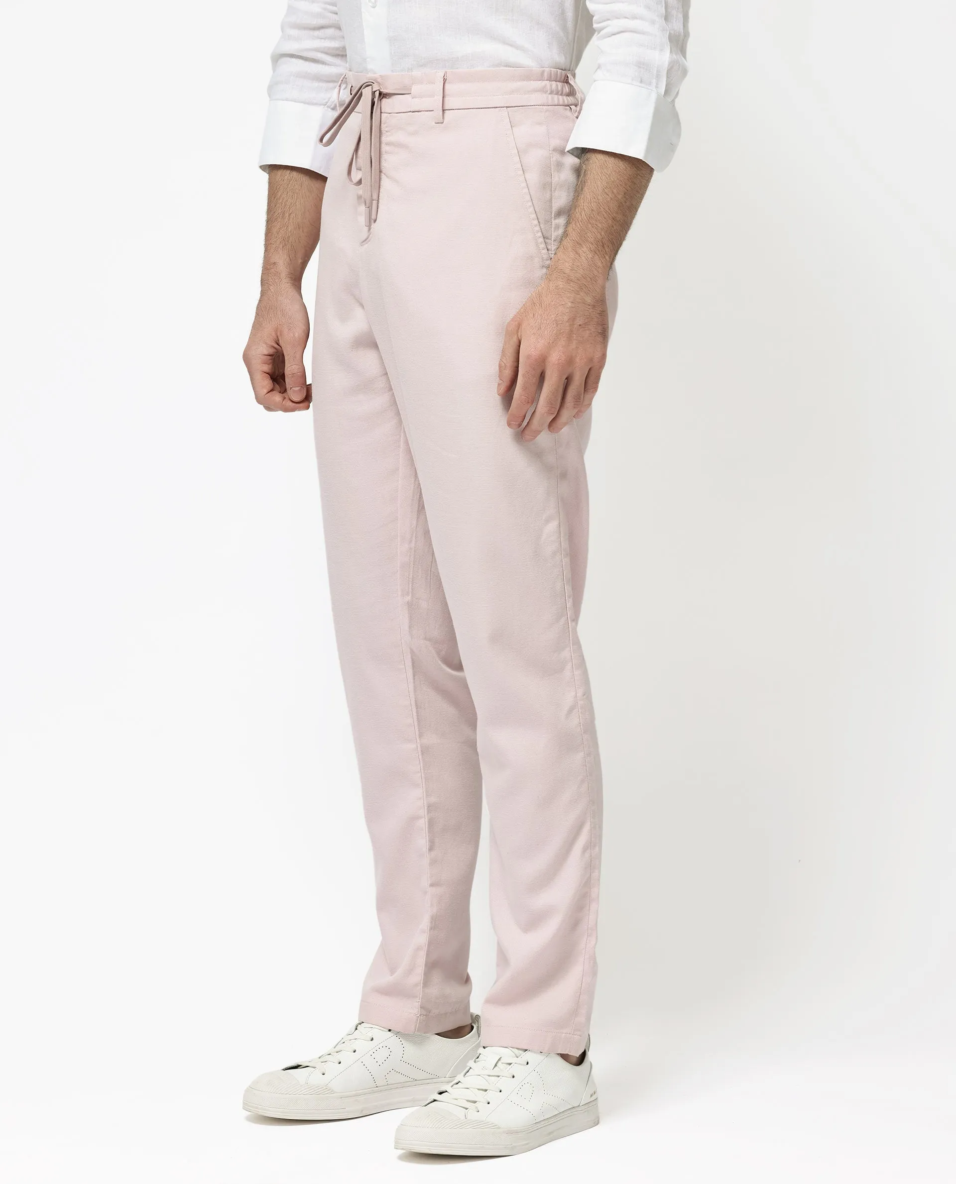 Rare Rabbit Mens Reric Pastel Pink Drawstring Closure Solid Linen Trouser