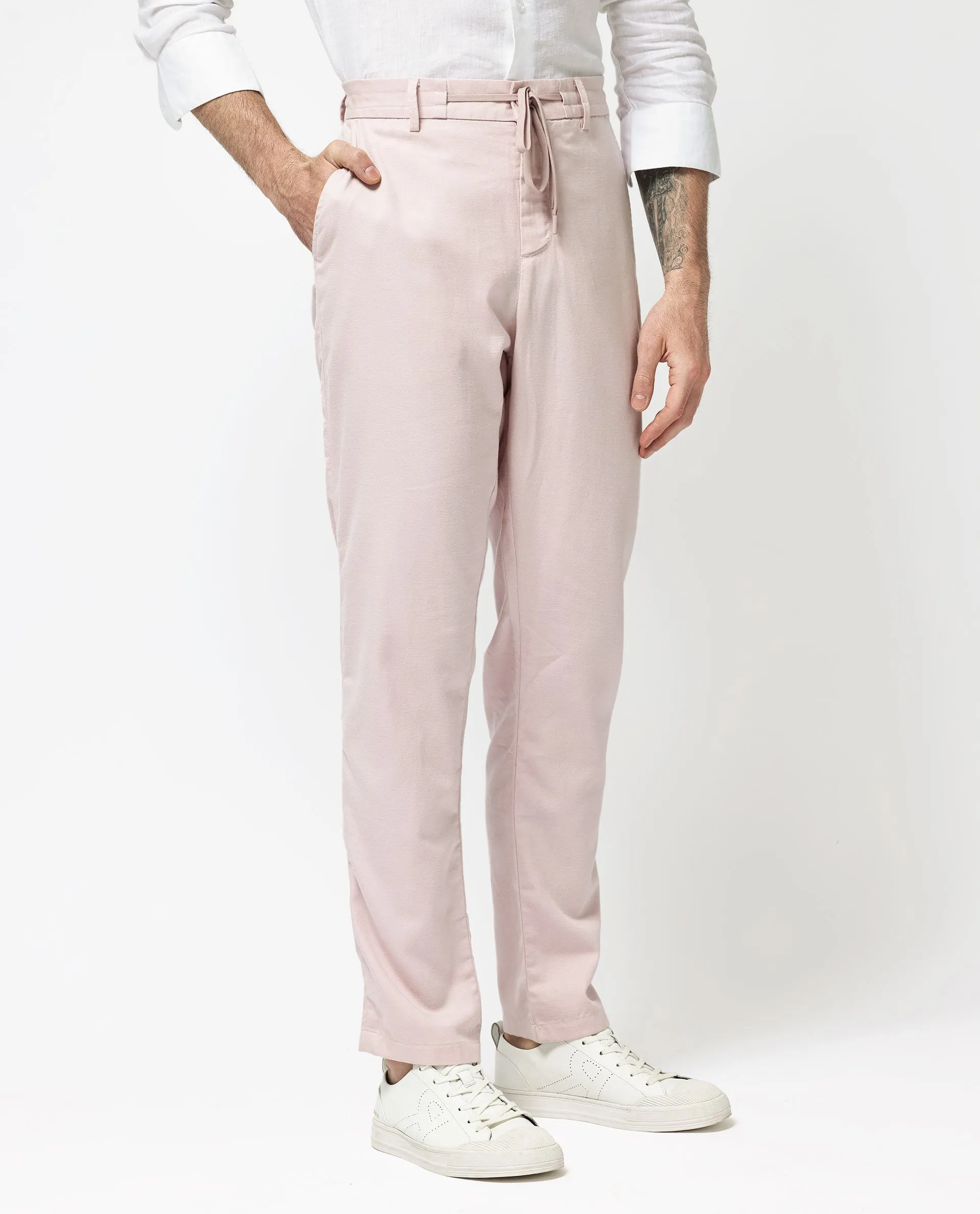 Rare Rabbit Mens Reric Pastel Pink Drawstring Closure Solid Linen Trouser