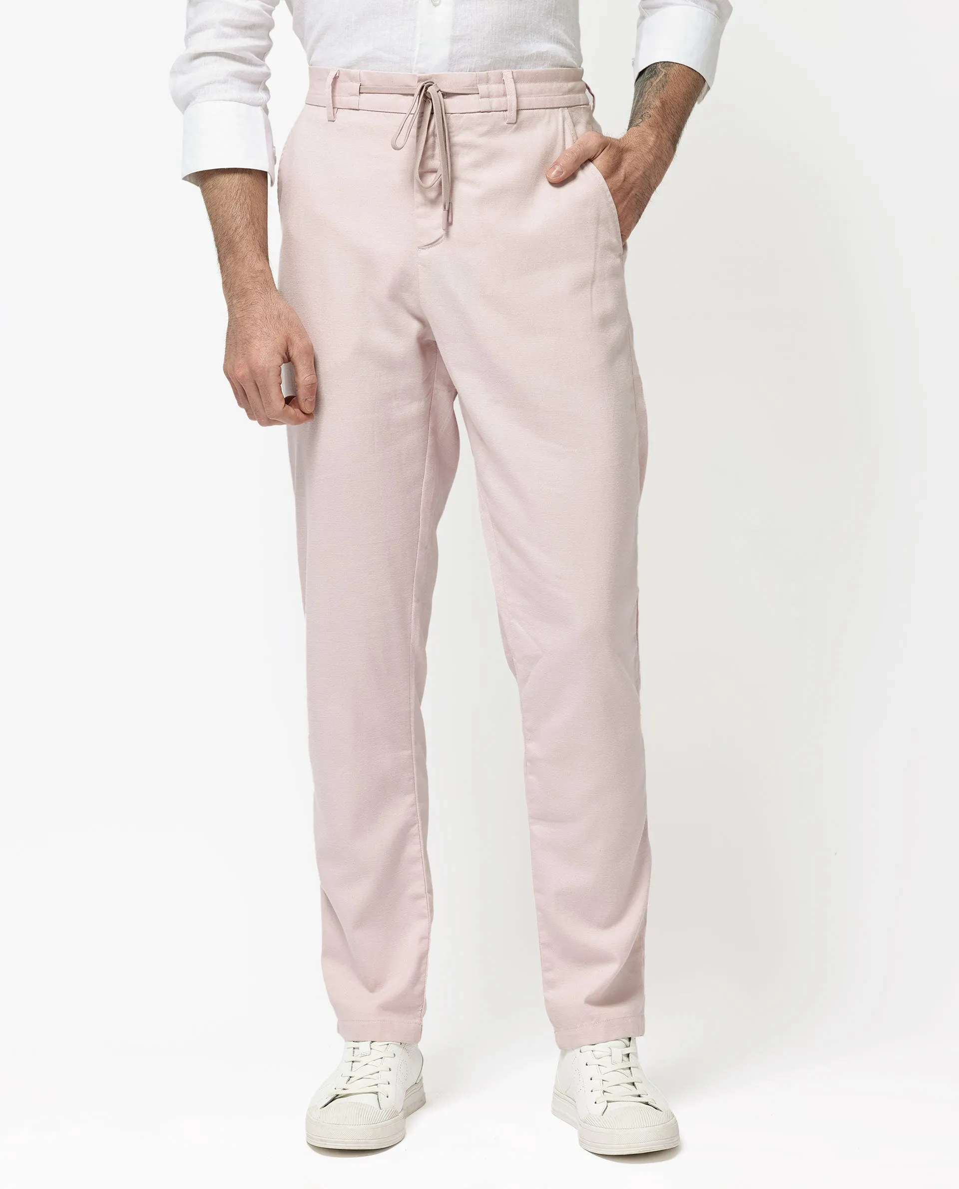 Rare Rabbit Mens Reric Pastel Pink Drawstring Closure Solid Linen Trouser