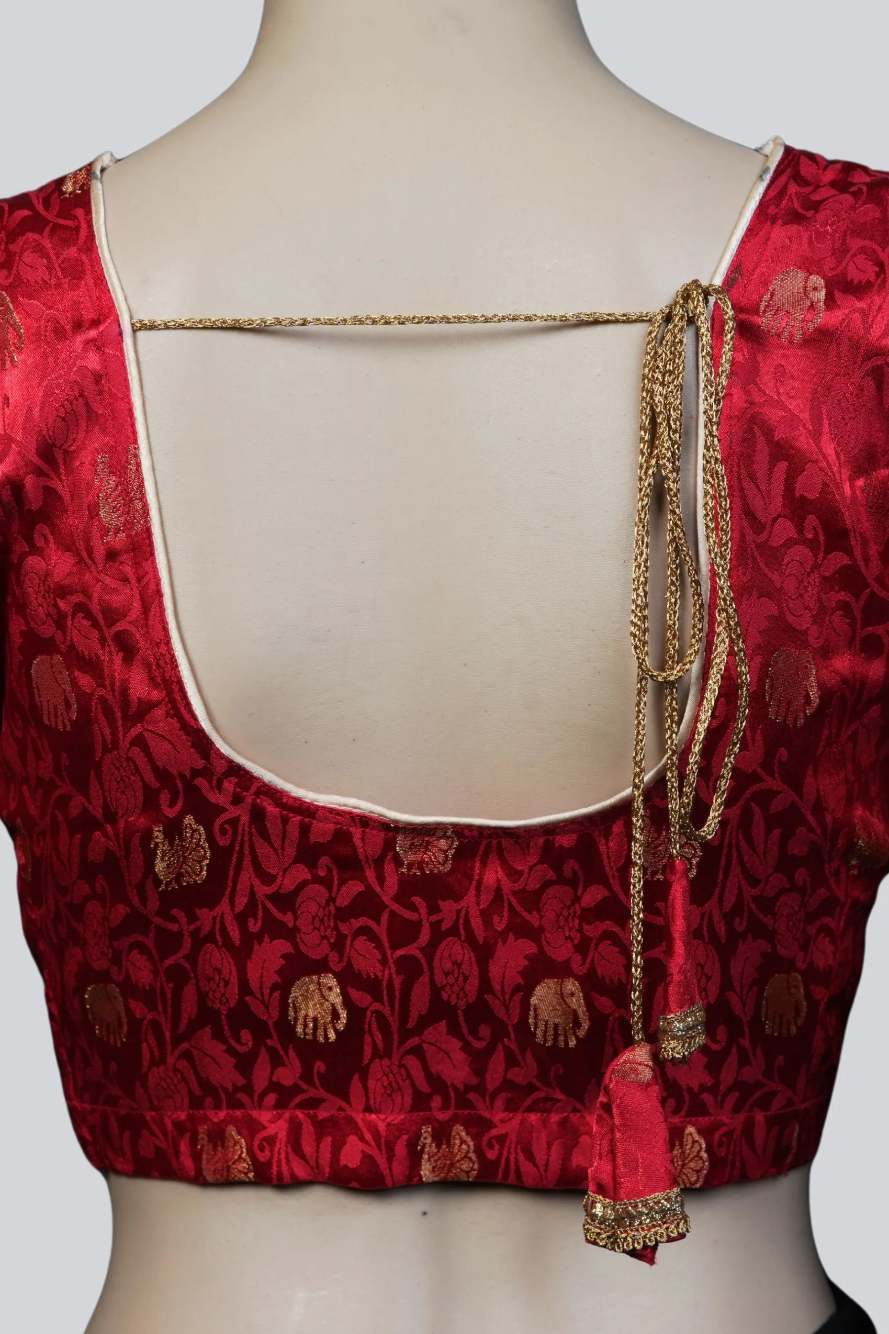 Red Brocade Blouse: Elegant Elephant Motifs | JCSFashions