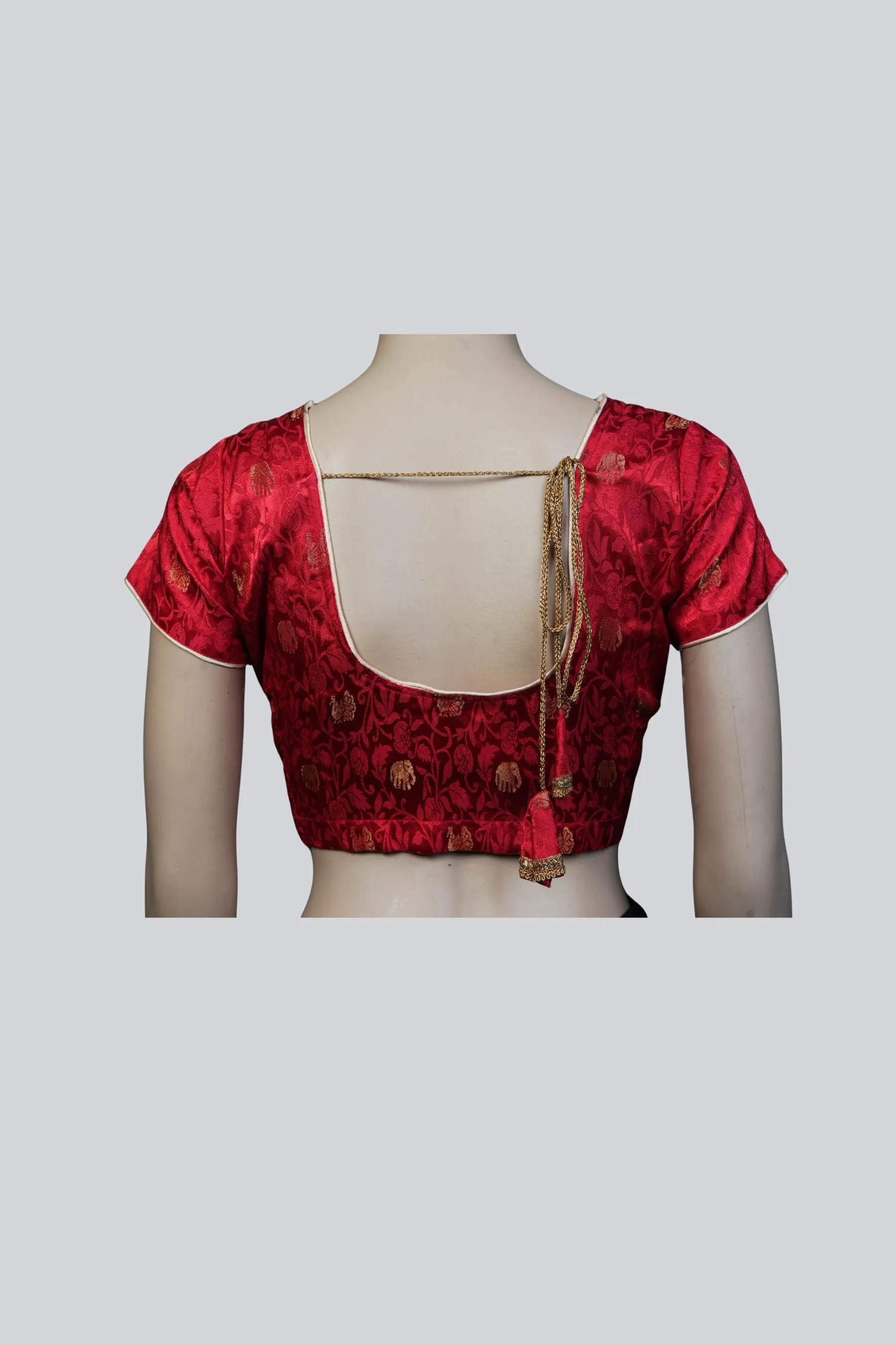 Red Brocade Blouse: Elegant Elephant Motifs | JCSFashions