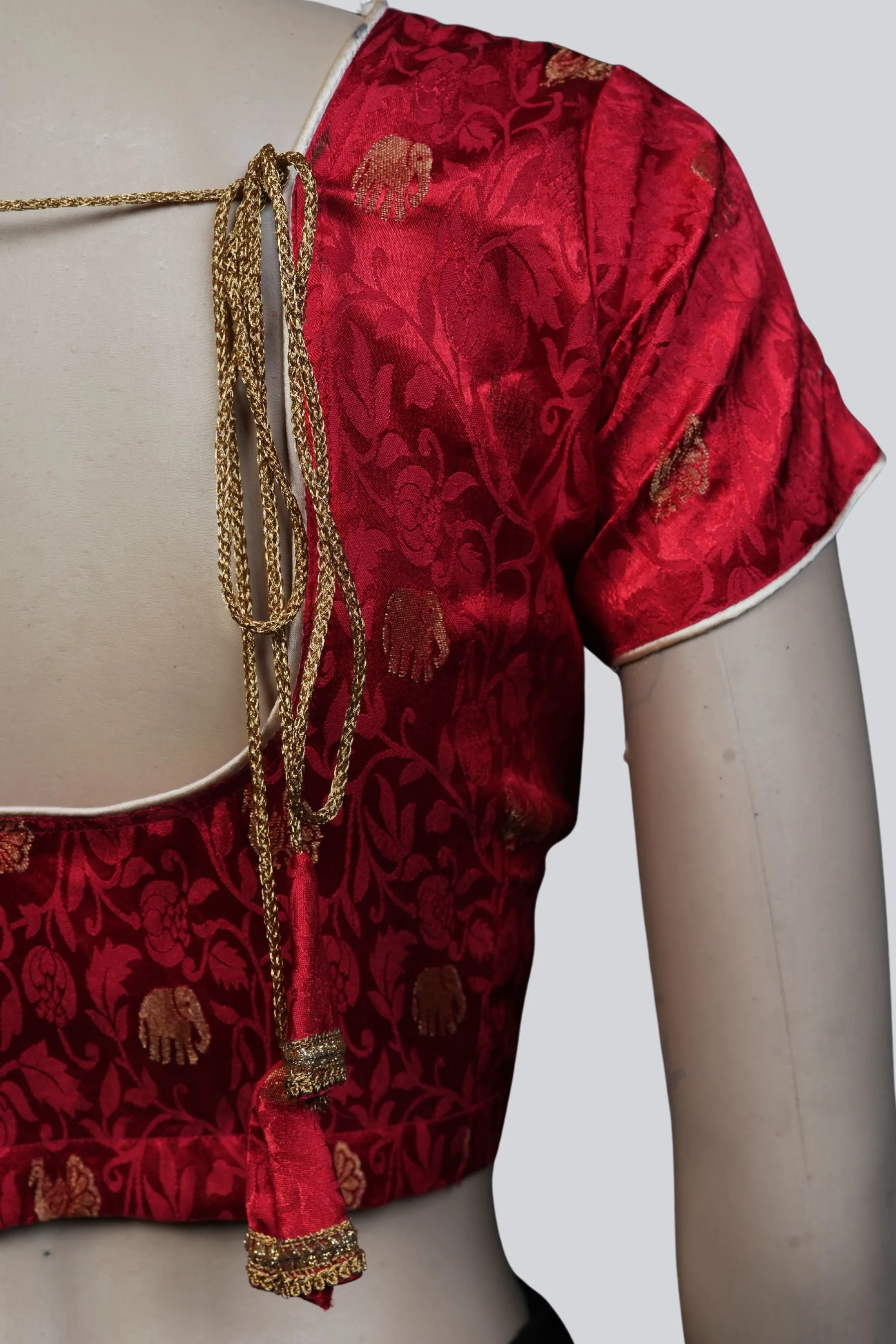 Red Brocade Blouse: Elegant Elephant Motifs | JCSFashions