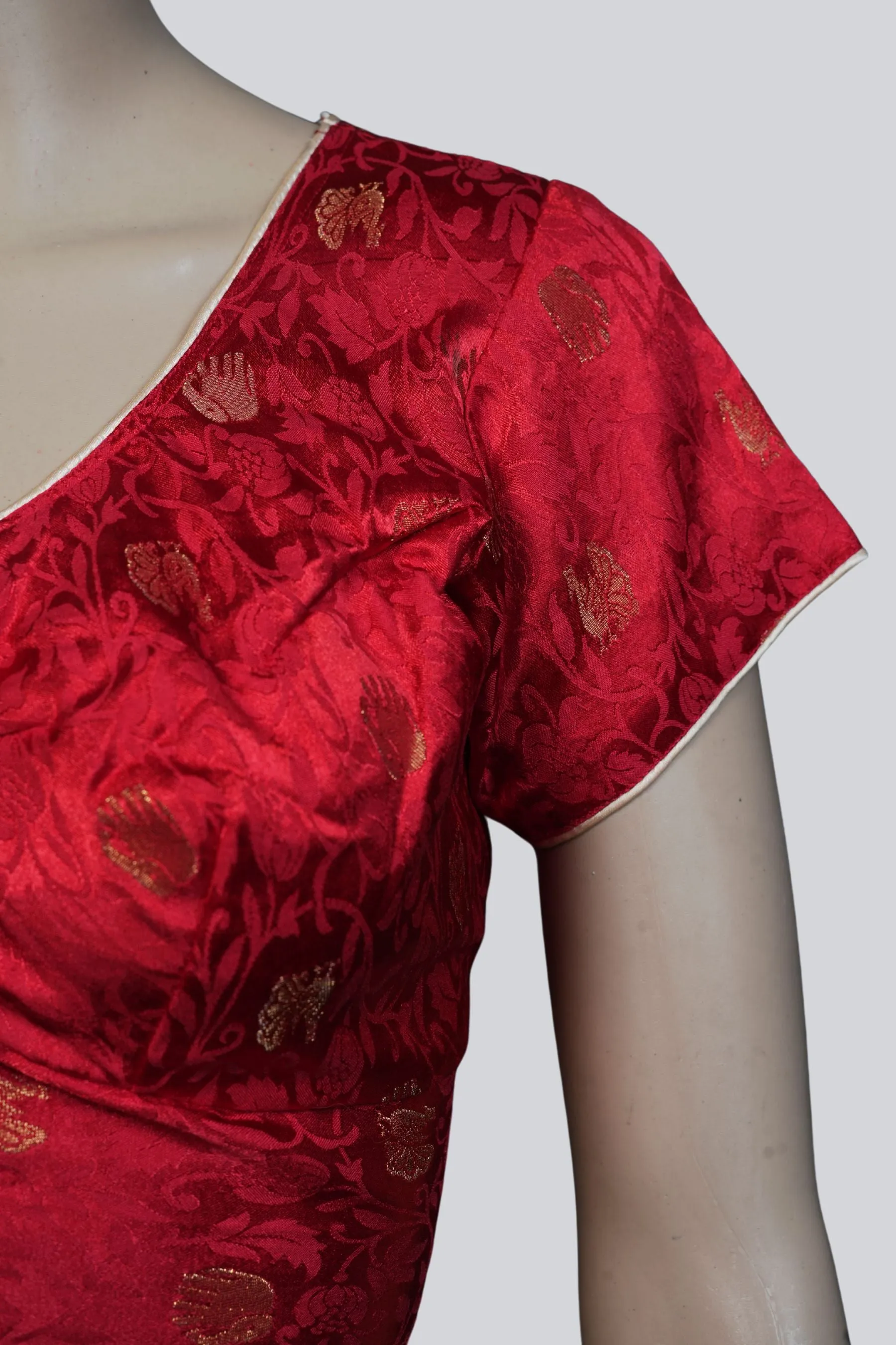 Red Brocade Blouse: Elegant Elephant Motifs | JCSFashions