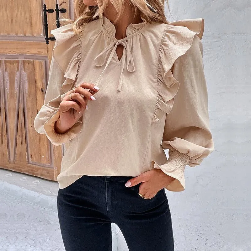 Ruffle Long Sleeved Solid Color Shirt