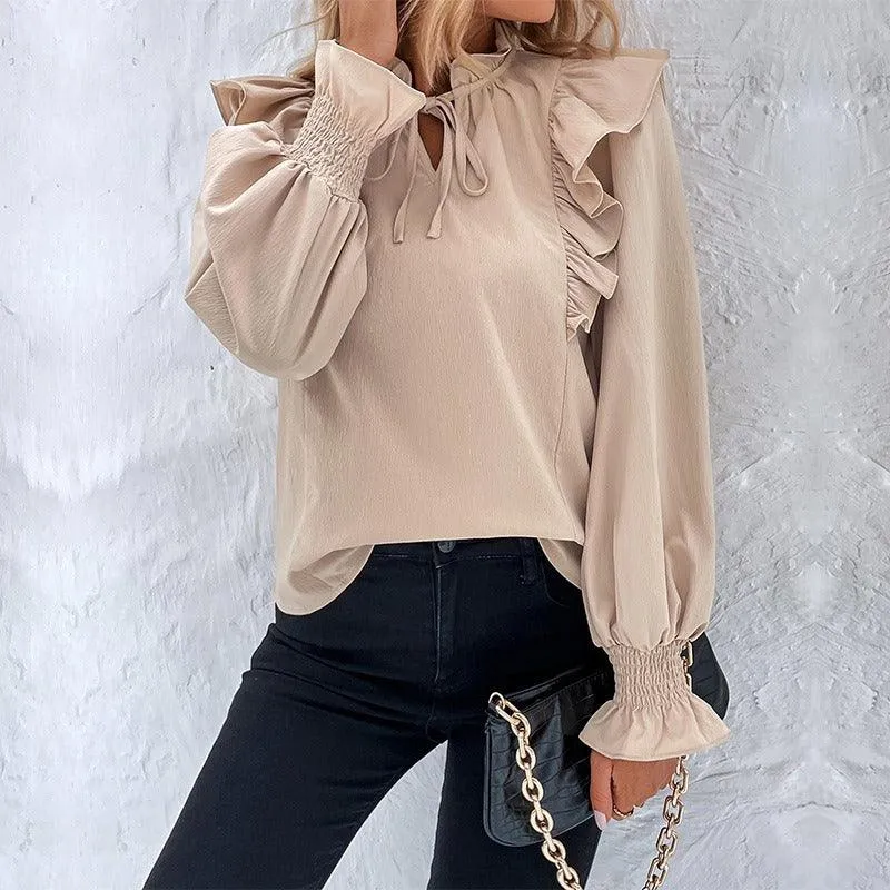 Ruffle Long Sleeved Solid Color Shirt