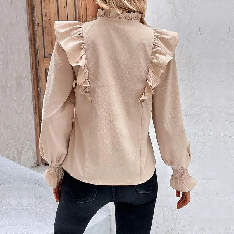 Ruffle Long Sleeved Solid Color Shirt