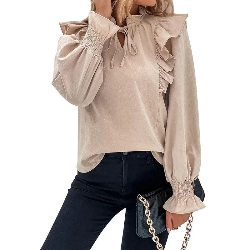 Ruffle Long Sleeved Solid Color Shirt