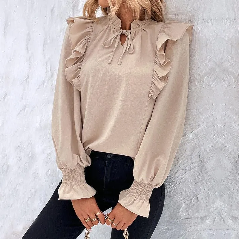 Ruffle Long Sleeved Solid Color Shirt