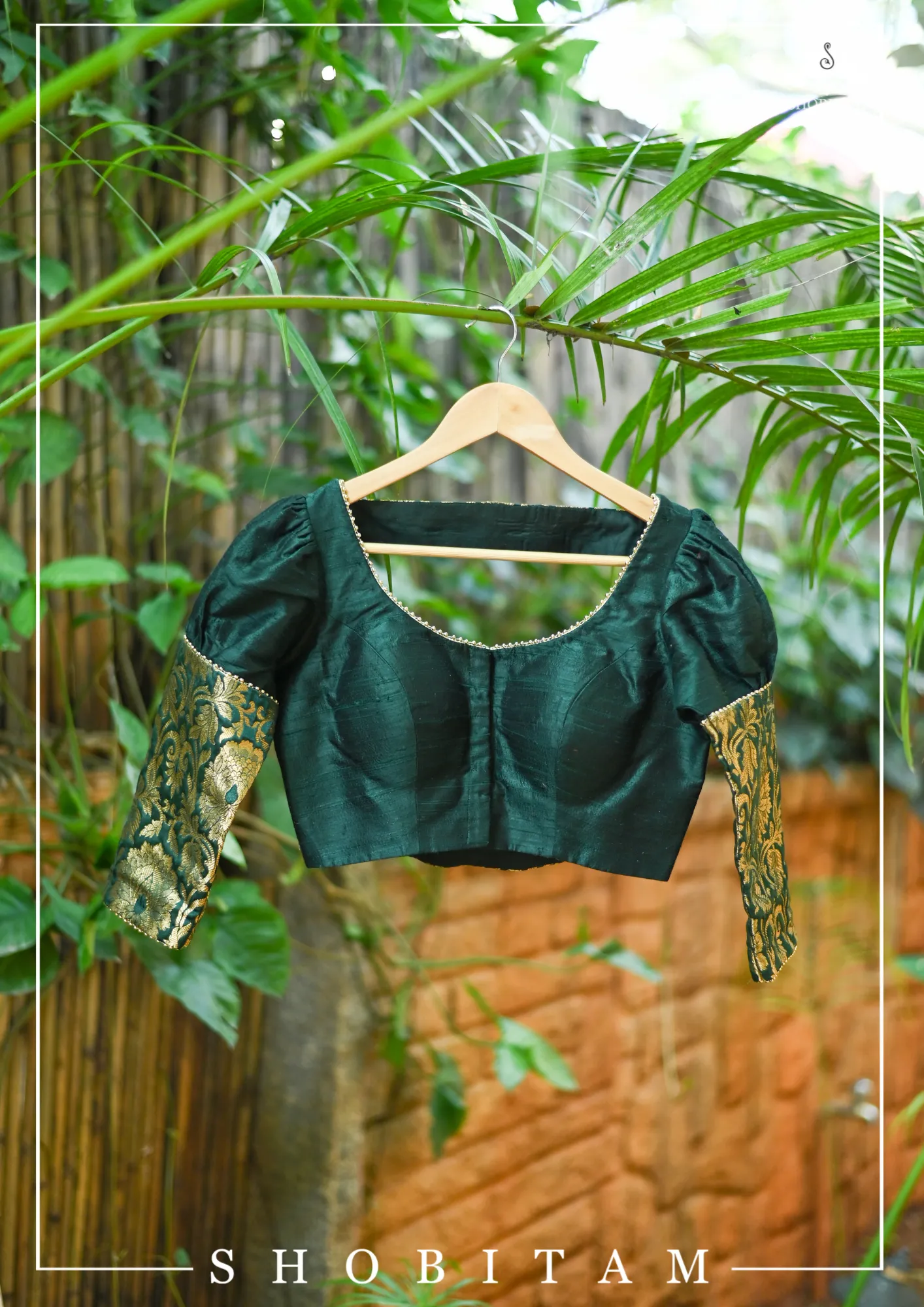 Sacramento Green Puff Sleeve Blouse with Banarasi Brocade Detailing