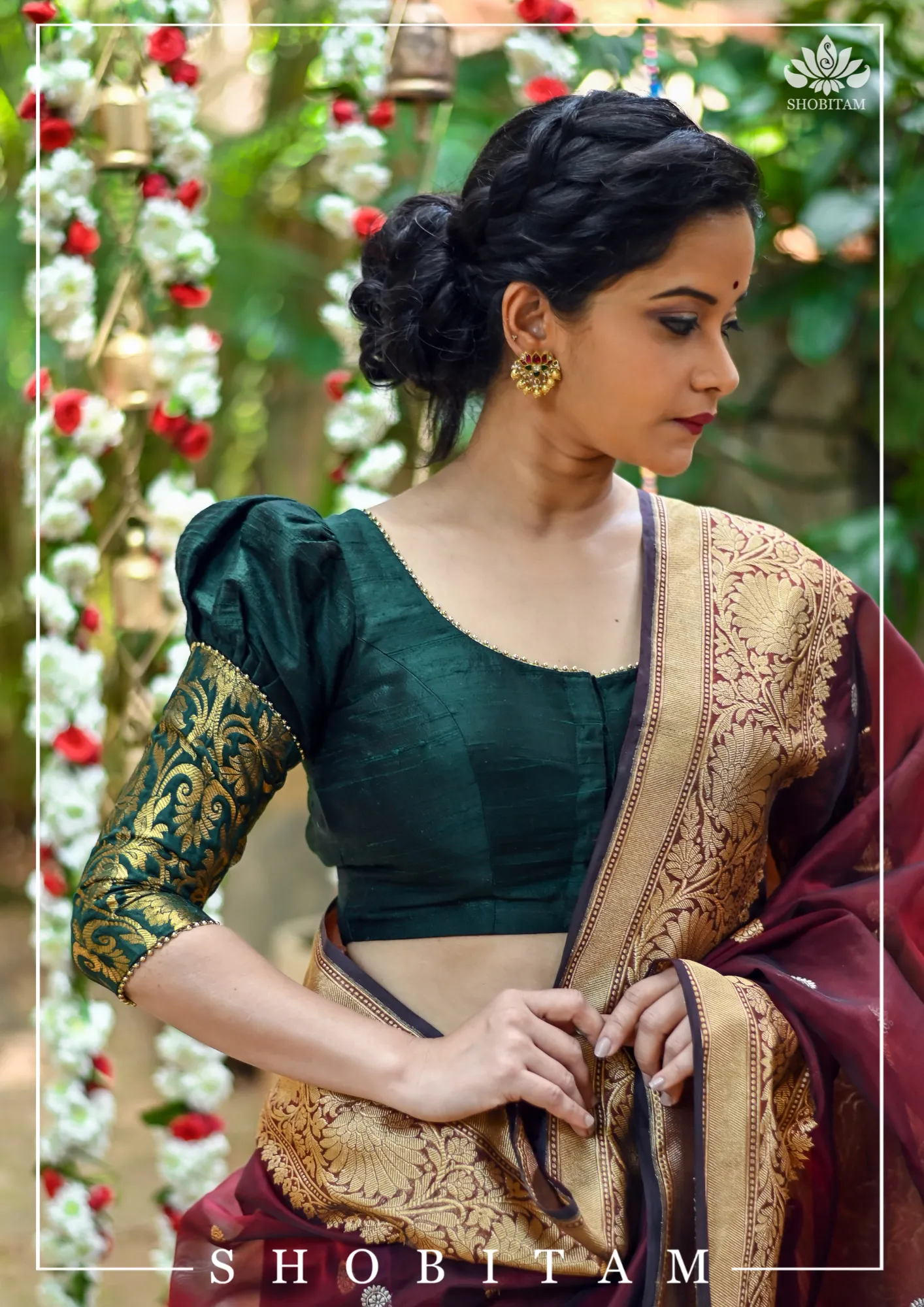 Sacramento Green Puff Sleeve Blouse with Banarasi Brocade Detailing