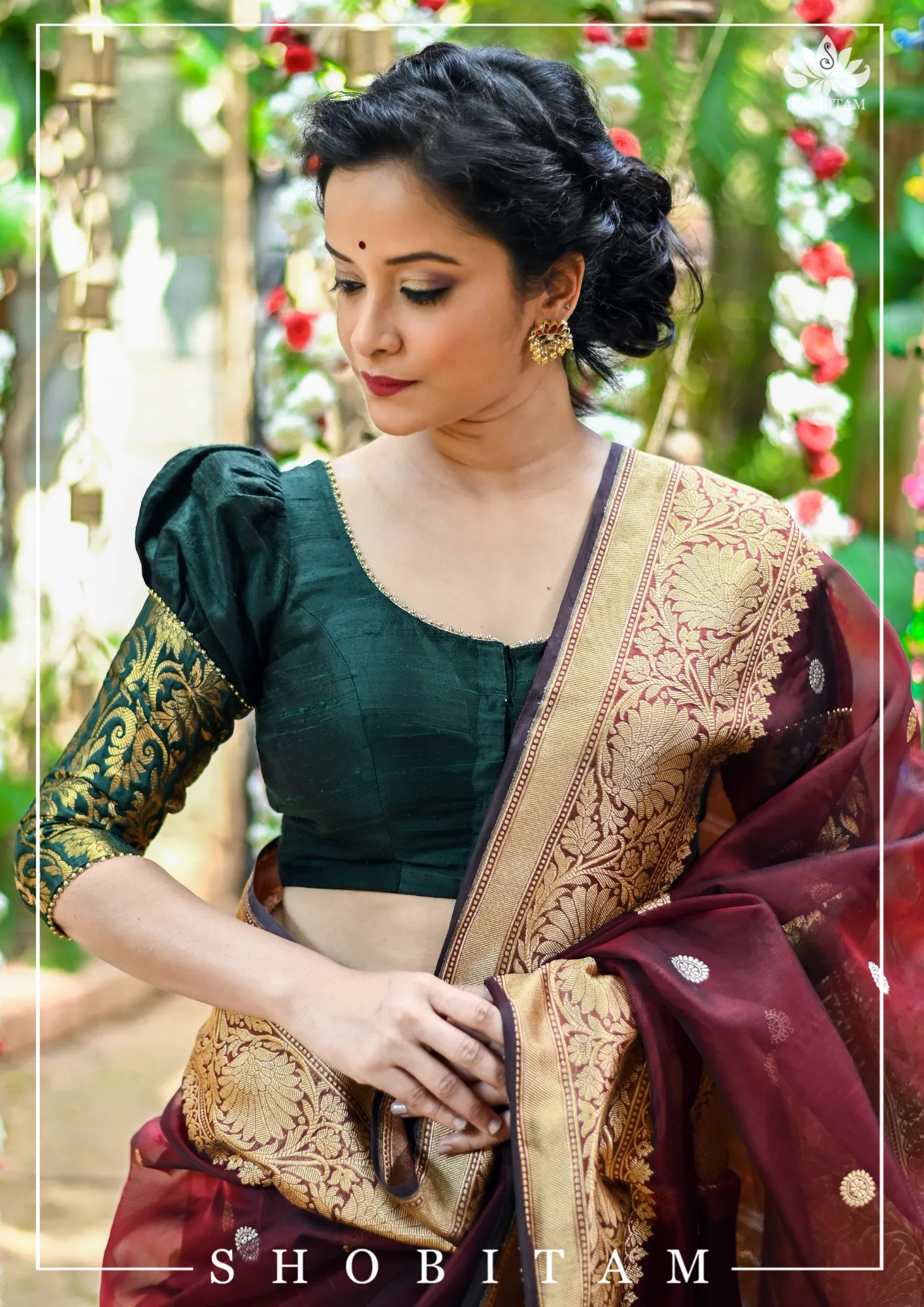 Sacramento Green Puff Sleeve Blouse with Banarasi Brocade Detailing