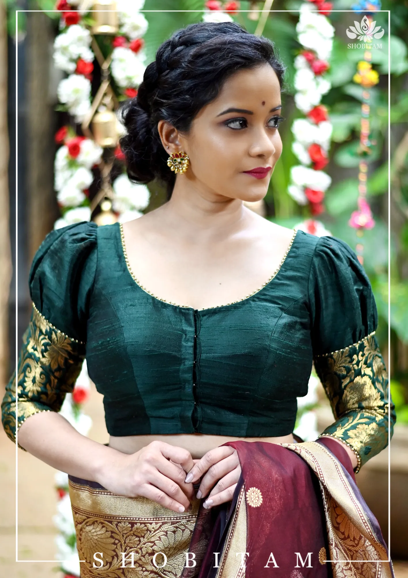 Sacramento Green Puff Sleeve Blouse with Banarasi Brocade Detailing