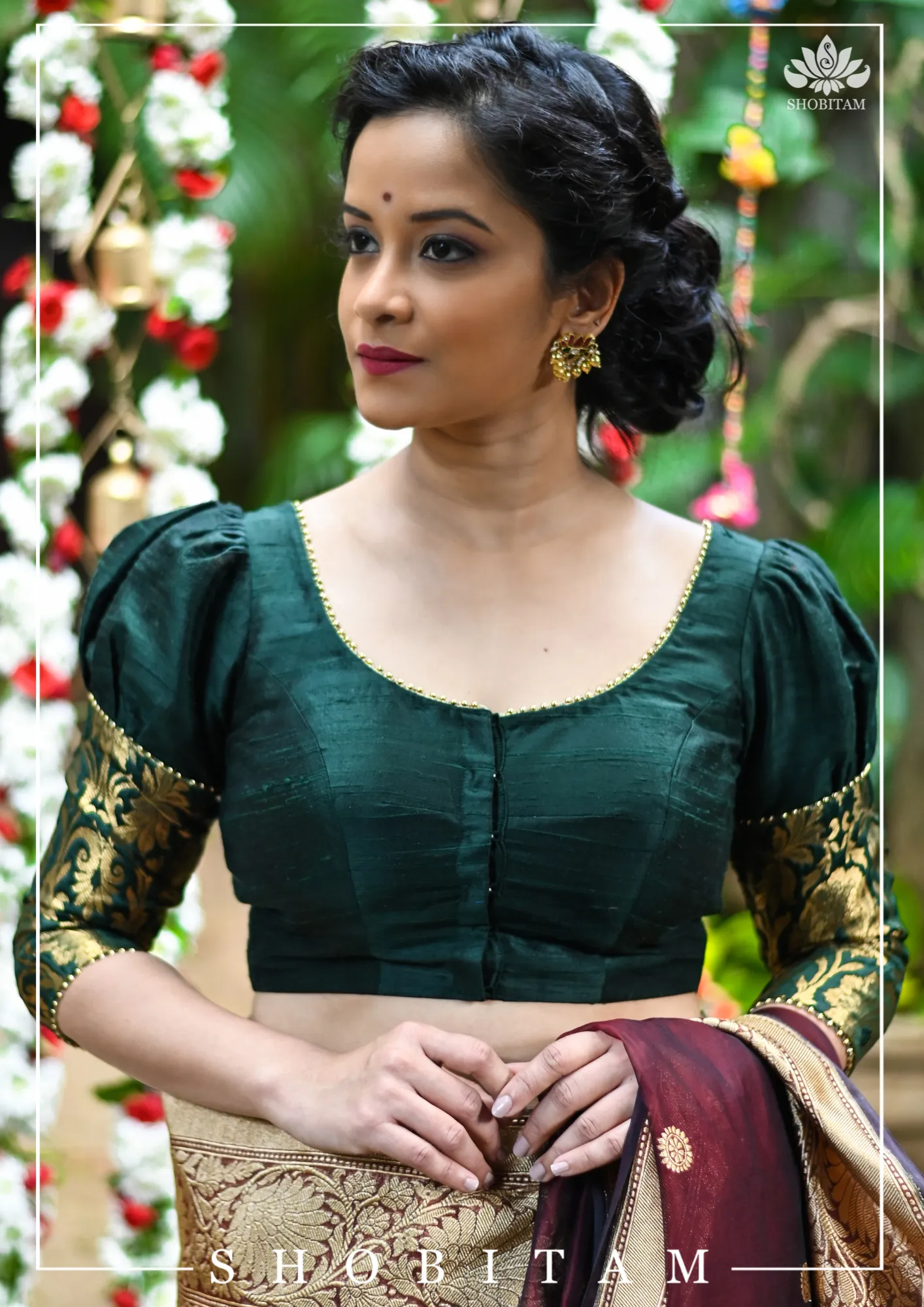 Sacramento Green Puff Sleeve Blouse with Banarasi Brocade Detailing