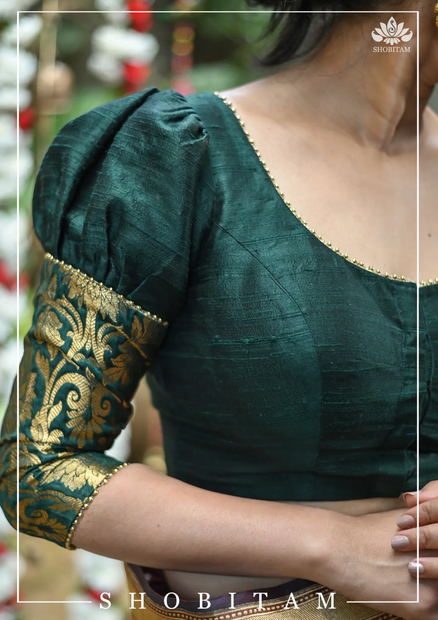 Sacramento Green Puff Sleeve Blouse with Banarasi Brocade Detailing