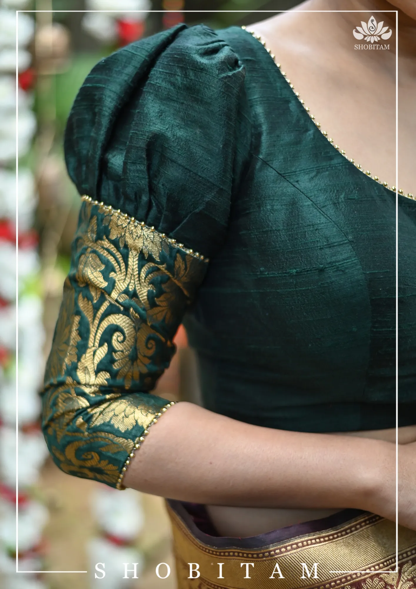 Sacramento Green Puff Sleeve Blouse with Banarasi Brocade Detailing