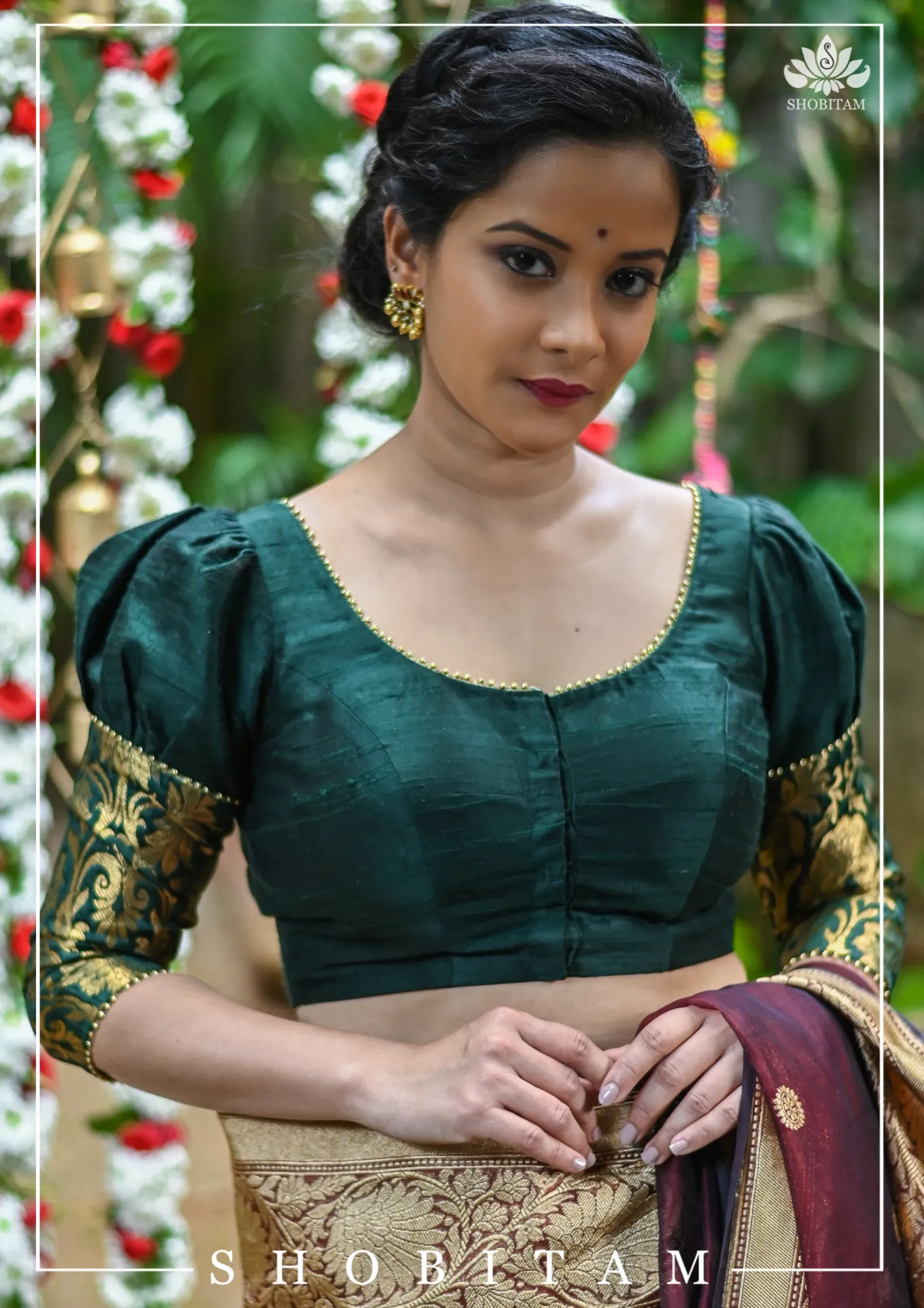Sacramento Green Puff Sleeve Blouse with Banarasi Brocade Detailing