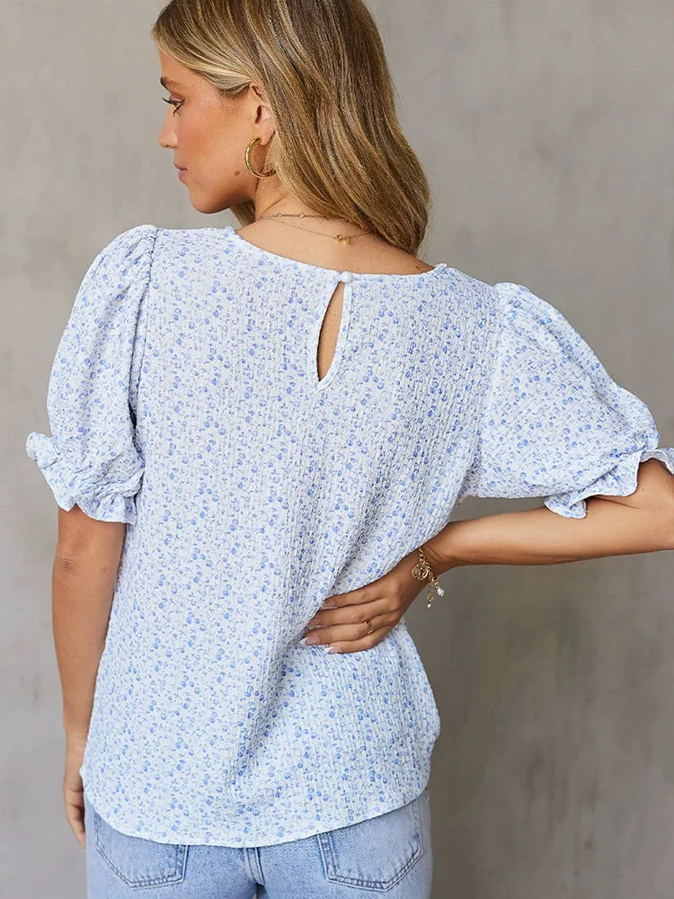 Short Sleeve Thin Chiffon Blouses Floral Print & Round Neck Tops