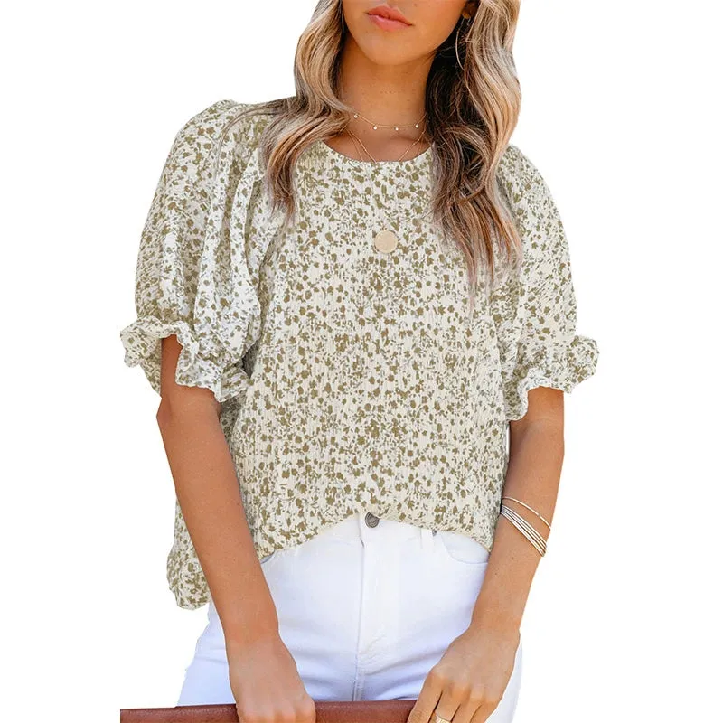 Short Sleeve Thin Chiffon Blouses Floral Print & Round Neck Tops