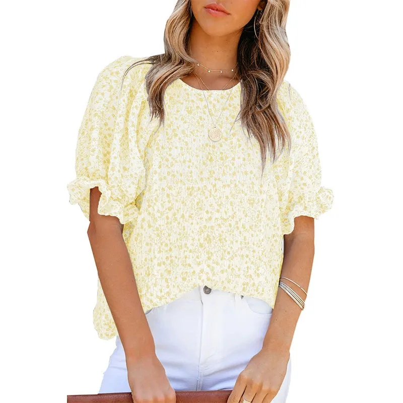 Short Sleeve Thin Chiffon Blouses Floral Print & Round Neck Tops