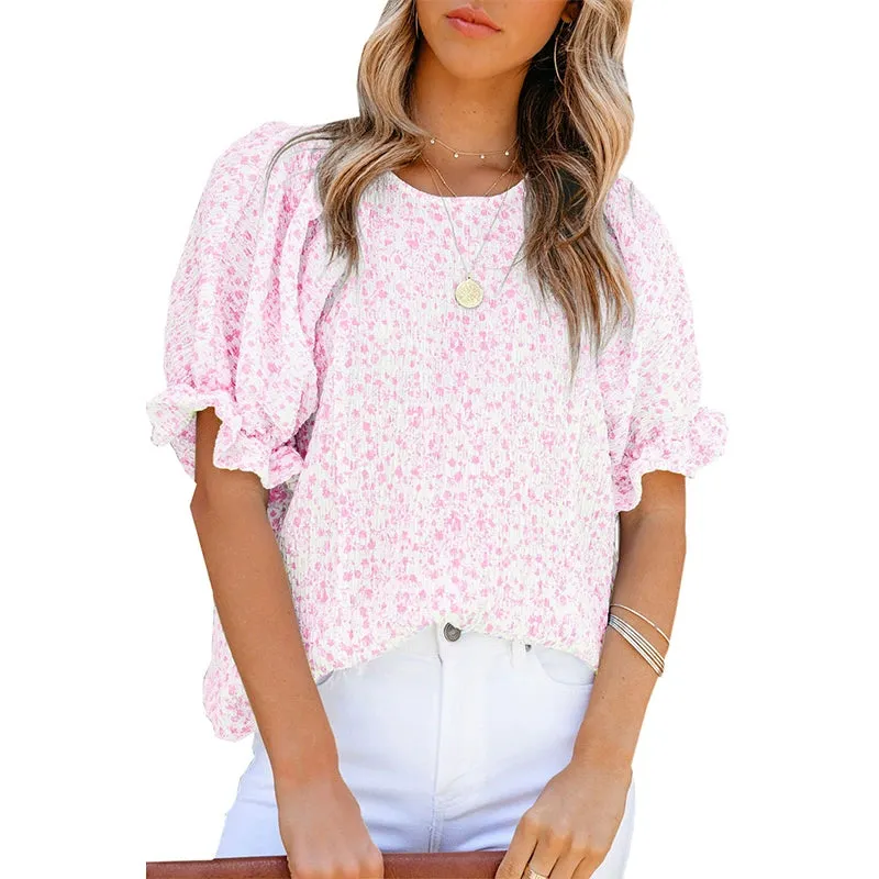 Short Sleeve Thin Chiffon Blouses Floral Print & Round Neck Tops