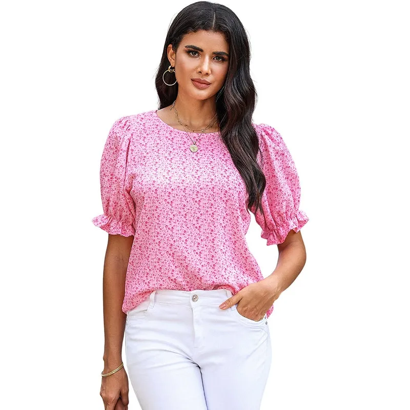 Short Sleeve Thin Chiffon Blouses Floral Print & Round Neck Tops