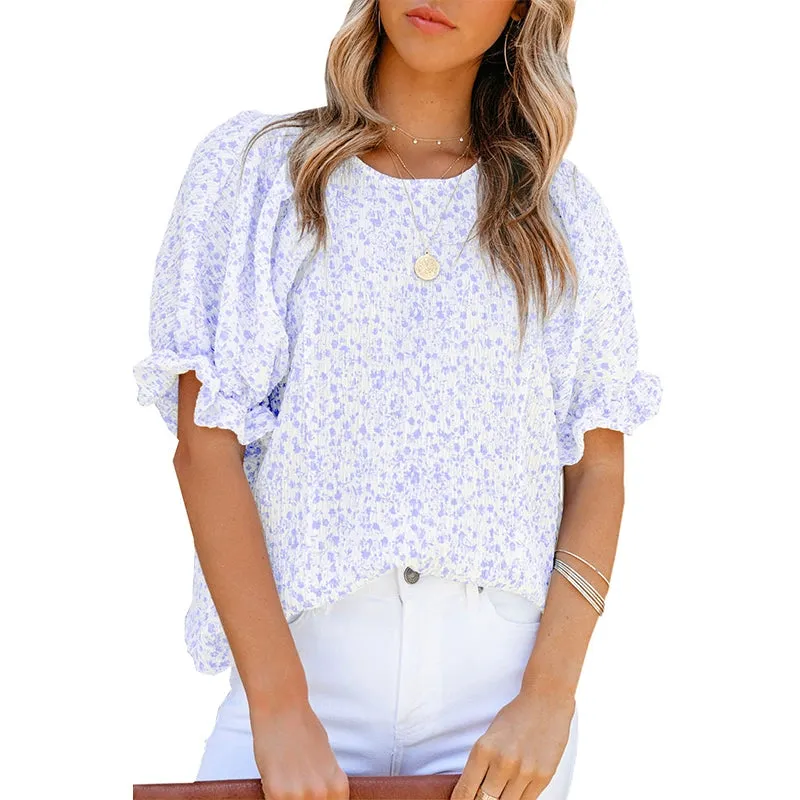 Short Sleeve Thin Chiffon Blouses Floral Print & Round Neck Tops