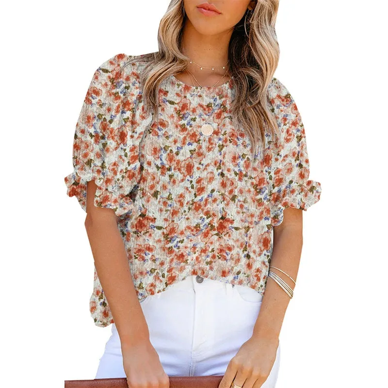 Short Sleeve Thin Chiffon Blouses Floral Print & Round Neck Tops