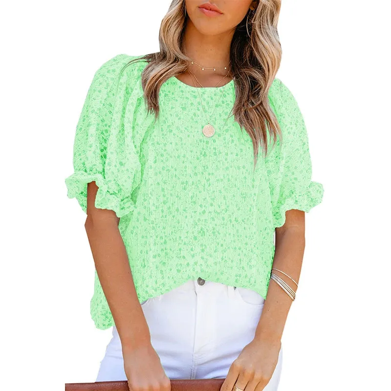 Short Sleeve Thin Chiffon Blouses Floral Print & Round Neck Tops