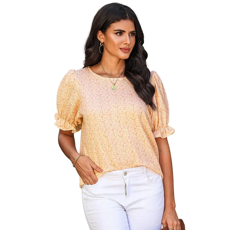Short Sleeve Thin Chiffon Blouses Floral Print & Round Neck Tops