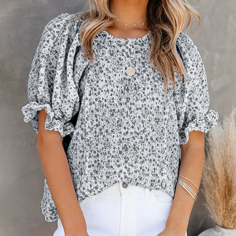 Short Sleeve Thin Chiffon Blouses Floral Print & Round Neck Tops