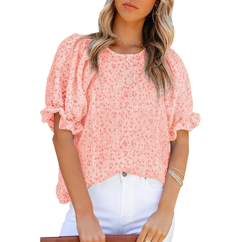 Short Sleeve Thin Chiffon Blouses Floral Print & Round Neck Tops