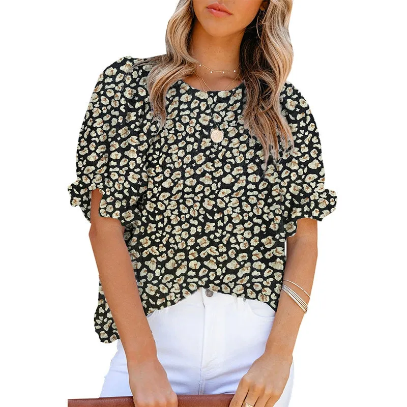 Short Sleeve Thin Chiffon Blouses Floral Print & Round Neck Tops