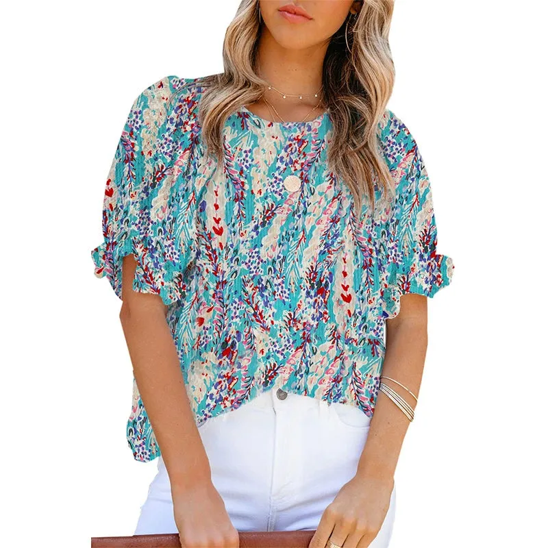 Short Sleeve Thin Chiffon Blouses Floral Print & Round Neck Tops