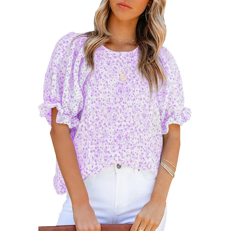 Short Sleeve Thin Chiffon Blouses Floral Print & Round Neck Tops