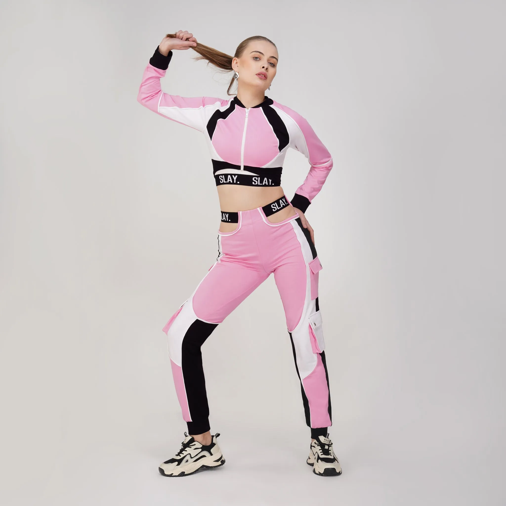 SLAY. Women's Activewear Tracksuit Pink Colorblock Crop Jacket & High Waist Cargo Pants & Crop top Co-ord Set(3 Piece)